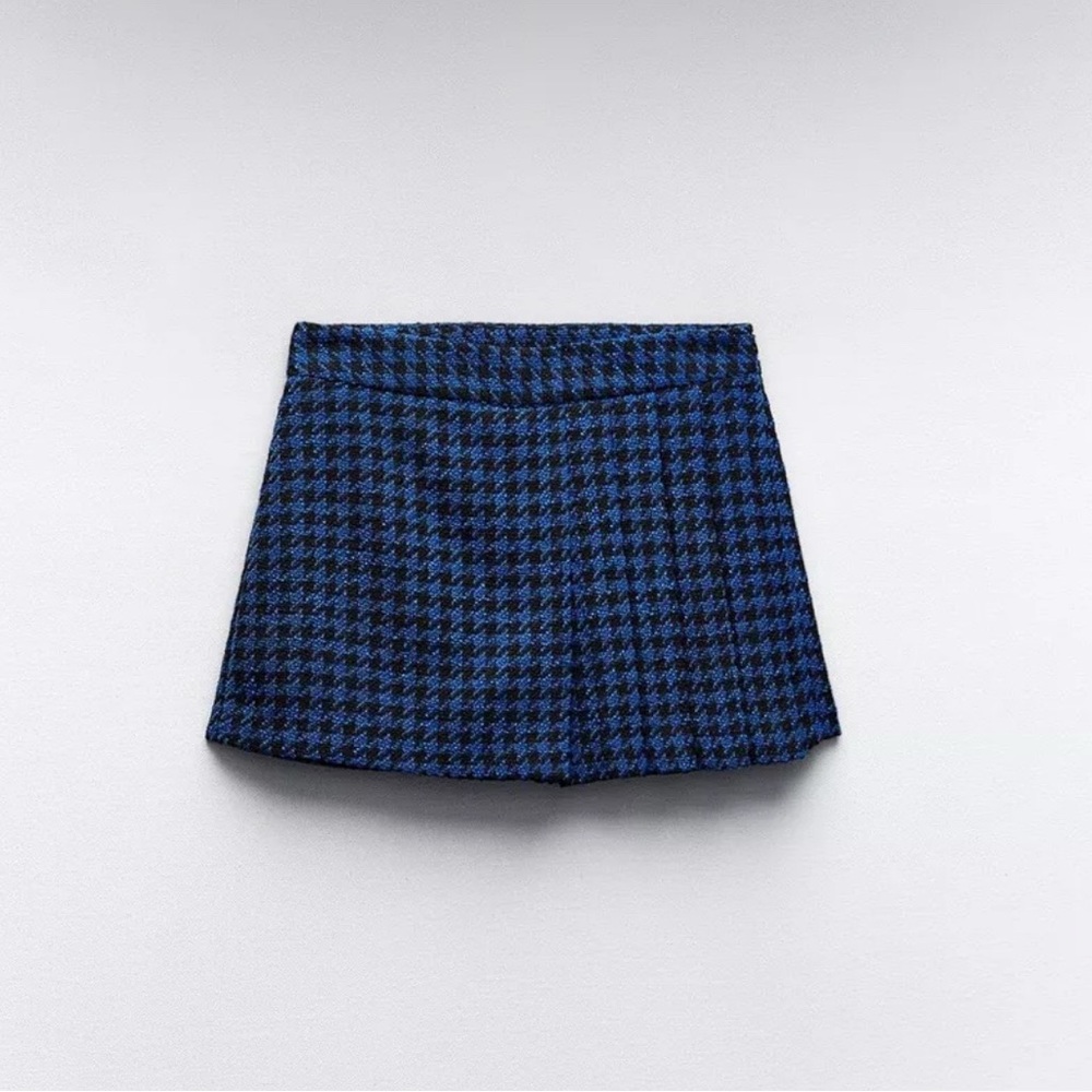 NWT ZARA Woman High Waisted Houndstooth Box Pleat Tweed Skort Blue/Black